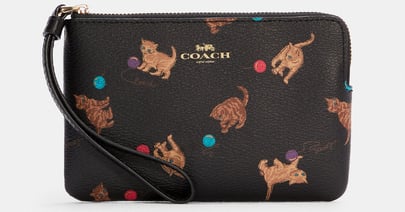 Corner Zip Wristlet With Cat Print